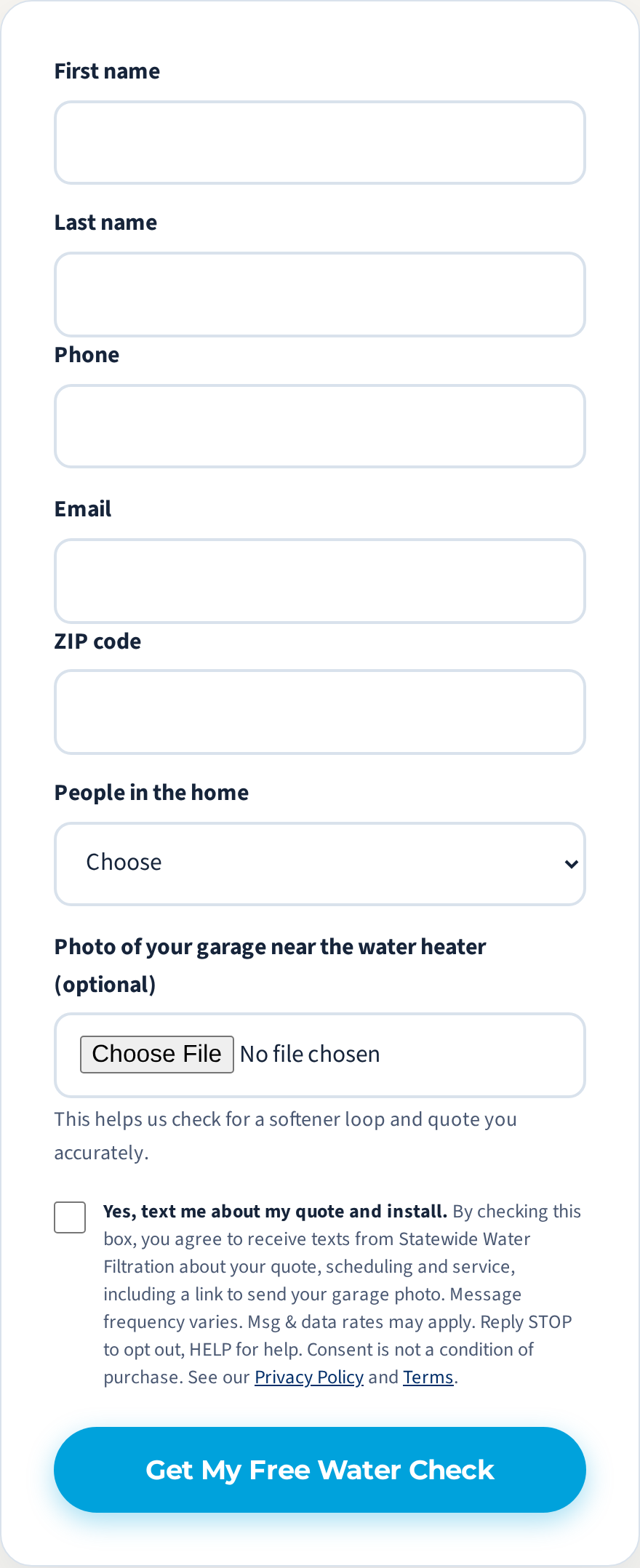 Statewide Water Filtration quote form with an unchecked SMS consent checkbox above the Get My Free Water Check button